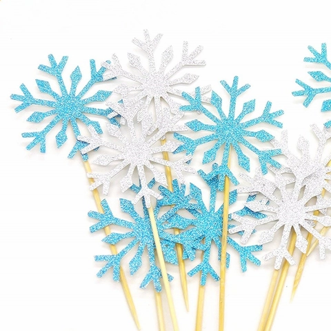 Toppers De Cupcake Flocon De Neige Papier Pailleté Pics À Gâteau Pour Noël Hiver Fête Anniversaire Décoration Bâton Bois