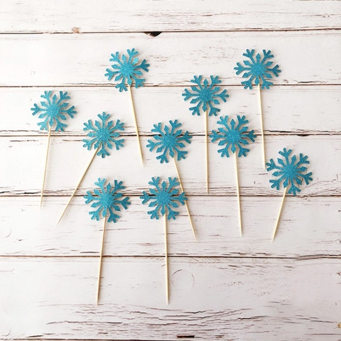 Toppers De Cupcake Flocon De Neige Papier Pailleté Pics À Gâteau Pour Noël Hiver Fête Anniversaire Décoration Bâton Bois