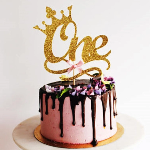 Glitter First Birthday Cake Topper Gold Silver Crown Letter ONE TWO With Pink Satin Ribbon Bow For Kids Party Dessert Decor