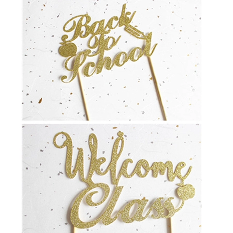 Back To School Cake Topper Glitter Paper Welcome Class Party Decoration Festive Dessert Insert Apple Pencil Design