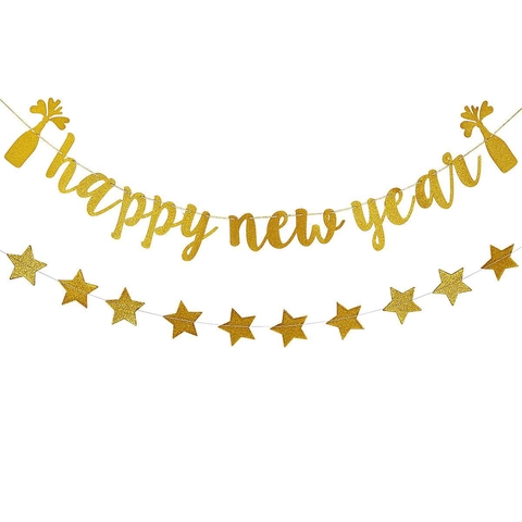Glitter Paper Merry Christmas Happy New Year Be Merry Banner Set With Snowflake Wine Bottle Star For Home Holiday Party Decor Garland
