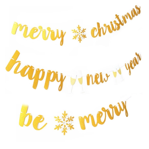 Glitter Paper Merry Christmas Happy New Year Be Merry Banner Set With Snowflake Wine Bottle Star For Home Holiday Party Decor Garland