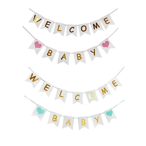 Welcome Baby Shower Pancarta Papel Perlado Banderines Cola de Golondrina Decoración Fiesta Gender Reveal Letras Oro Guirnalda