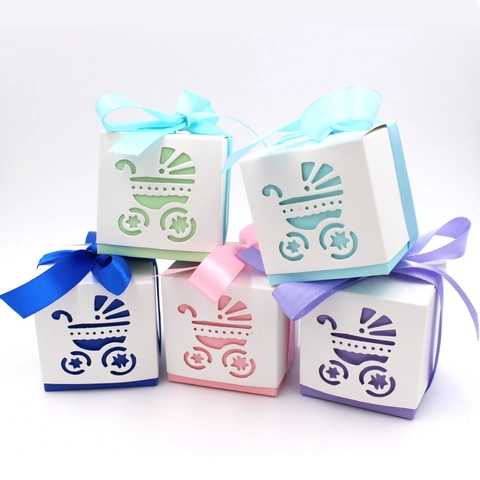 Laser Cut Baby Shower Candy Boxes Stroller Footprint Hollow Gift Box With Satin Ribbon For Baptism Birthday Party Favors