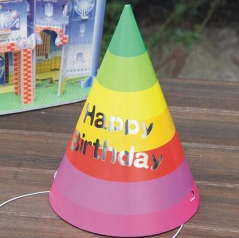 Rainbow Stripe Happy Birthday Paper Party Hat With Elastic String Colorful Cone Shaped Decorative Birthday Hat For Kids