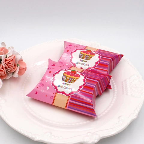 Cartoon Cupcake Pink Pillow Gift Box Happy Birthday Stripe Patterns Cardboard Favor Packaging Box For Candy Gift Wrapping