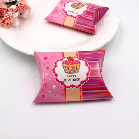 Cartoon Cupcake Pink Pillow Gift Box Happy Birthday Stripe Patterns Cardboard Favor Packaging Box For Candy Gift Wrapping