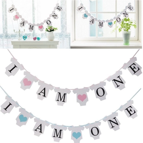 Bannière Premier Anniversaire Bébé I Am One Forme Grenouillère Papier Kraft Guirlande Pour Décorations De Fête Cœur Signe