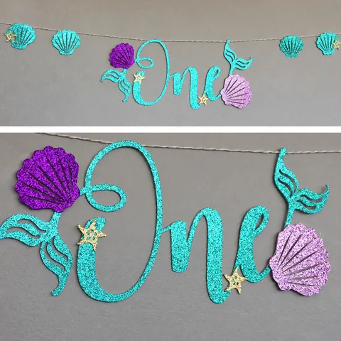 Mermaid 1st Birthday Banner Teal Purple Gold Glitter One Letter Shell Starfish Garland Baby First Birthday Decorations
