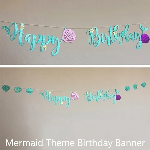 Meerjungfrau Geburtstag Party Banner Glitzer Papier Dekoration Ozean Thema Muschel Seepferdchen Sternfisch Flagge Für Mädchen Geburtstagsfeier Haus Feier Zubehör