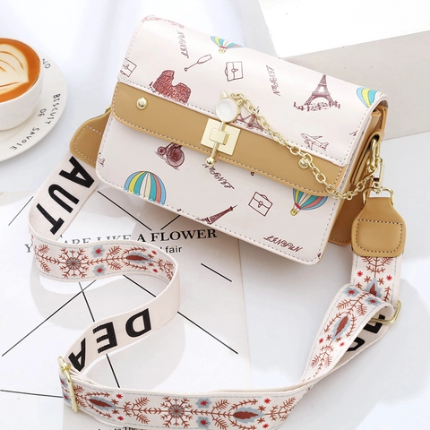 Dames Casual PU-Leder Kleine Vierkante Tas Eiffeltoren Reisprint Crossbodytas Met Metalen Ketting En Verstelbare Band