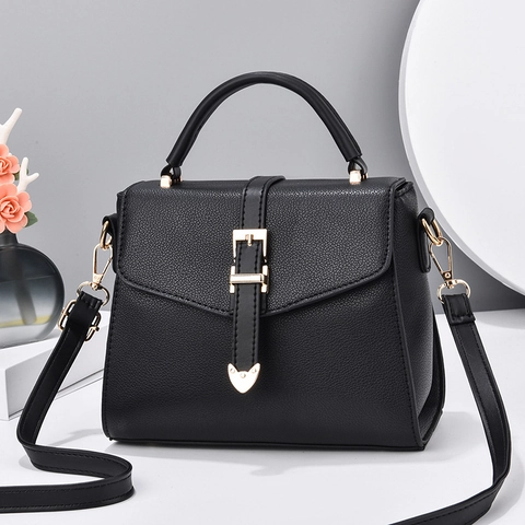 Elegant Lychee Grain PU Leather Small Square Bag For Women Solid Color Top Handle Shoulder Bag Gold Hardware Heart Charm Purse