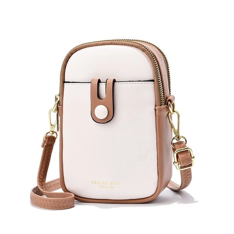 Women Fashion Contrast Color Mobile Phone Bag PU Leather Double Zipper Crossbody Mini Shoulder Handbag Elegant Travel Bag