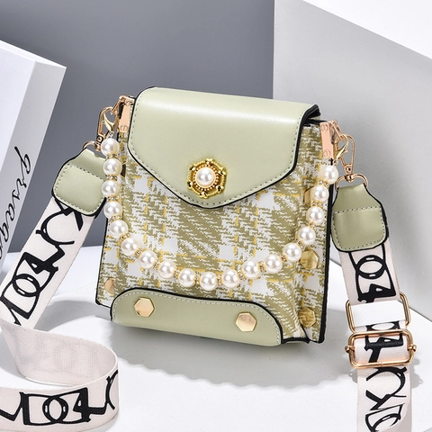 Women Mini Crossbody Phone Bag Tweed PU Leather Plaid Square Bag Artificial Pearl Handle Wide Strap Elegant Fashion Shoulder Bag