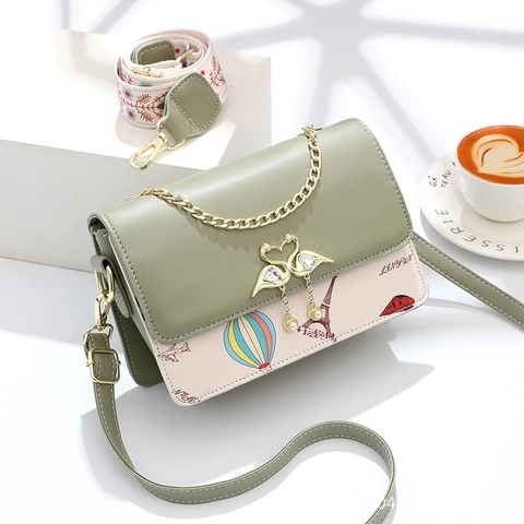 Women Shoulder Bag PU Leather French Niche Style Hot Air Balloon Eiffel Tower Print Swan Buckle Double Straps Crossbody
