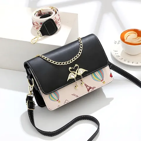 Bolso Bandolera Elegante Para Mujer Cuero PU Empalme Estampado París Con Cierre De Cisne Y Dos Correas Moda Cuadrado