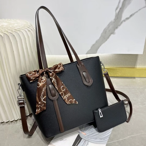 Grote Dames Shopper Met Korrelstructuur PU Leer Elegante Handtas Met Bijpassend Tasje En Satijnn Sjaal