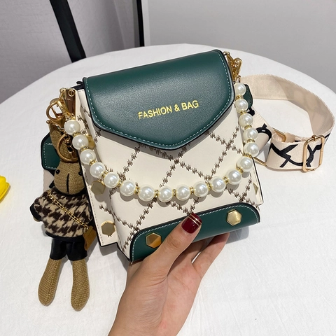 Women Crossbody Phone Bag PU Leather Quilted Pattern Faux Artificial Pearl Handle Rabbit Charm Wide Shoulder Strap Fashionable Mini Handbag