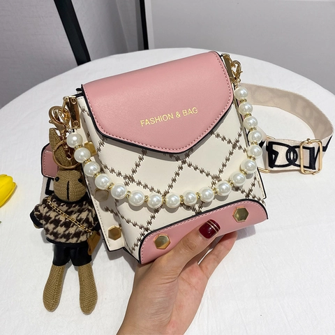 Women Crossbody Phone Bag PU Leather Quilted Pattern Faux Artificial Pearl Handle Rabbit Charm Wide Shoulder Strap Fashionable Mini Handbag