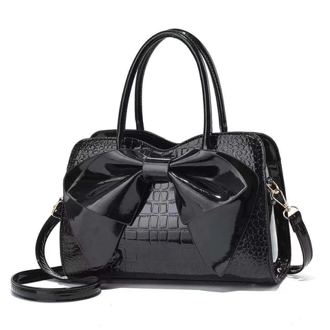 Borsa A Mano Da Donna Motivo Coccodrillo Pelle PU Verniciata Grande Decorazione Con Fiocco Tracolla Rimovibile Retro Elegante