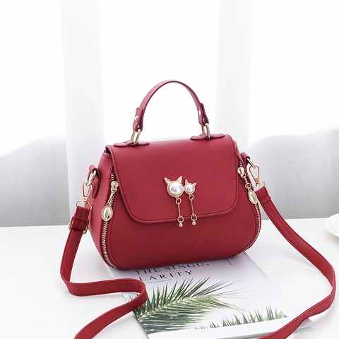 Women's Litchi Texture PU Leather Shoulder Handbag With Cat Ear Faux Artificial Pearl Decor Fashion Shell Shaped Crossbody Satchel Daily Bag