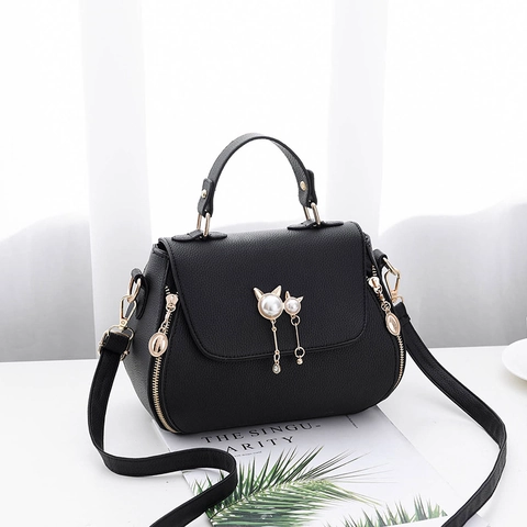 Women's Litchi Texture PU Leather Shoulder Handbag With Cat Ear Faux Artificial Pearl Decor Fashion Shell Shaped Crossbody Satchel Daily Bag