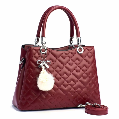 Bolso De Mano Acolchado Para Mujer Cuero PU Patrón De Rombos Con Asa Superior Correa Extraíble Y Colgante De Pompón De Perla Artificial