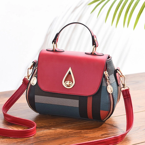 Sac Bandoulière Femme Cuir PU Blocs Couleurs Géométriques Motif Carreaux Boucle Métal Goutte Grande Capacité Coréen Crossbody