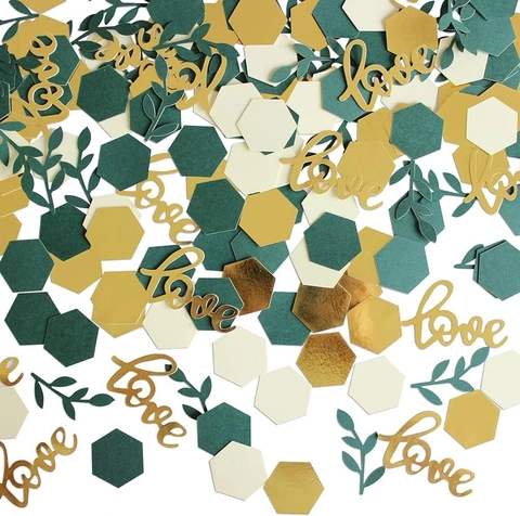 Wedding Party Confetti Paper Sage Green Hexagon Gold Love Script Leaves Table Decoration Balloon Filler Supplies
