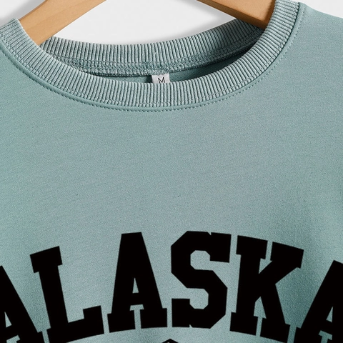 Sweat-shirt Femme Imprimé Lettres Alaska et Montagne Col Rond Décontracté Manches Longues Pull-over Large Top