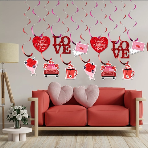 Valentine's Day Hanging Spiral Decorations Heart LOVE Letter Rose Flower Truck Coffee Cup Paper PVC Party Supplies Wedding Room Decor