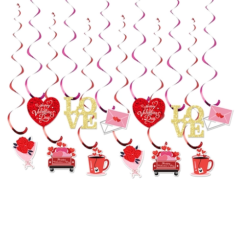 Valentine's Day Hanging Spiral Decorations Heart LOVE Letter Rose Flower Truck Coffee Cup Paper PVC Party Supplies Wedding Room Decor