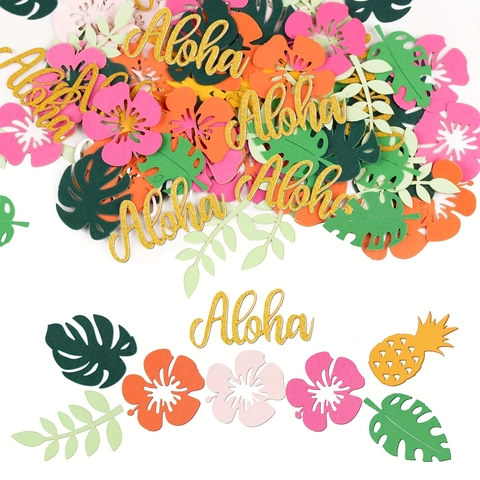Confettis De Fête Luau Hawaïens Paillettes Aloha Feuilles De Monstera Fleur D'hibiscus Décorations De Table En Papier Tropical