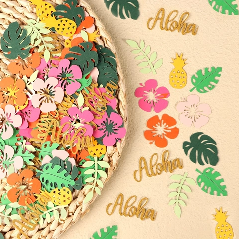 Confettis De Fête Luau Hawaïens Paillettes Aloha Feuilles De Monstera Fleur D'hibiscus Décorations De Table En Papier Tropical