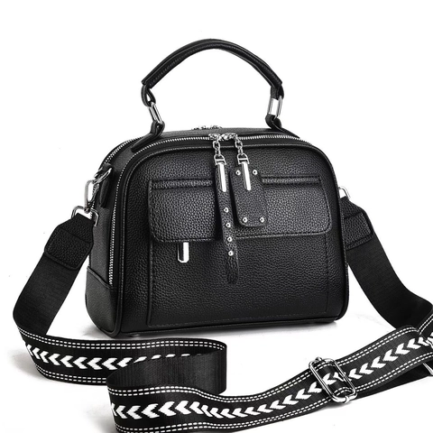 Women PU Leather Litchi Pattern Shoulder Bag With Wide Woven Strap Handheld Crossbody Double Zipper Elegant Satchel