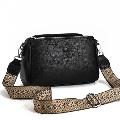 Women Shoulder Crossbody Bag PU Lychee Leather Large Capacity Pillow Shape With Wide Woven Geometric Strap Ethnic Style