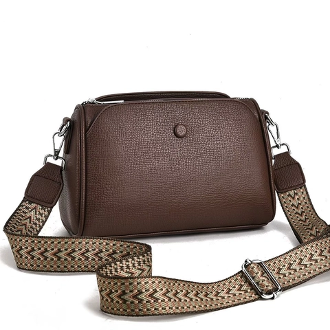 Women Shoulder Crossbody Bag PU Lychee Leather Large Capacity Pillow Shape With Wide Woven Geometric Strap Ethnic Style