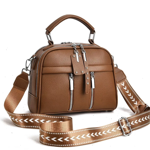 Women Crossbody Handbag PU Lychee Leather Wide Woven Strap Double Zipper Fashion Square Shoulder Bag Versatile