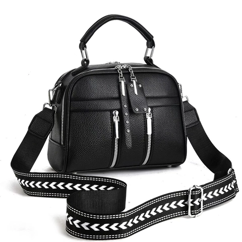 Women Crossbody Handbag PU Lychee Leather Wide Woven Strap Double Zipper Fashion Square Shoulder Bag Versatile
