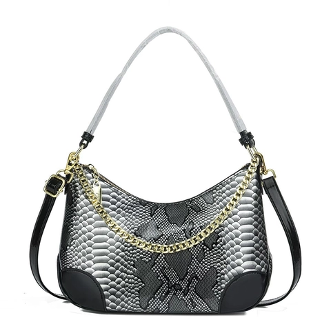 Damen Unterarmtasche Glänzend PU Leder Schlangenmuster Python Druck Goldkette Trendige Schultertasche
