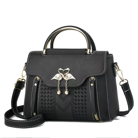 Bolso de Mano de Moda para Mujer de Piel Sintética con Patrón de Lichi Con Asa de Metal Decoración de Cisne Colgante de Perla Artificial Bolso Bandolera