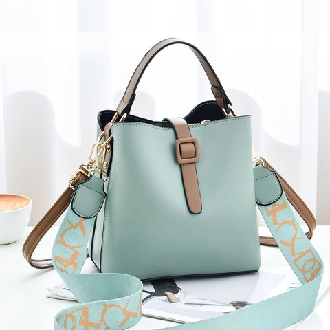 Damen Minimalistisch PU-Leder Eimertasche Große Kapazität Umhängetasche Mit Breitem Muster-Schultergurt Mode Schultertasche