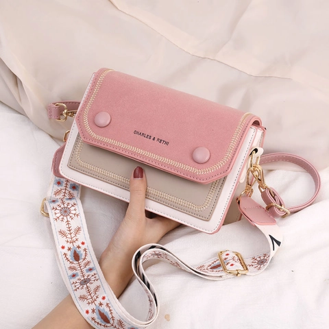 Borsa Tracolla Donna Pelle PU Color-block Piccola Borsa Quadrata Chiusura Magnetica Tracolla Larga Ricamata Tracolla Pelle