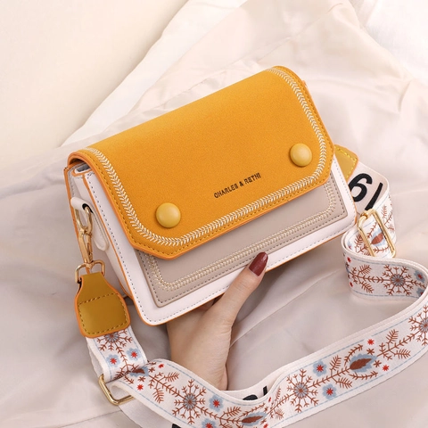 Borsa Tracolla Donna Pelle PU Color-block Piccola Borsa Quadrata Chiusura Magnetica Tracolla Larga Ricamata Tracolla Pelle