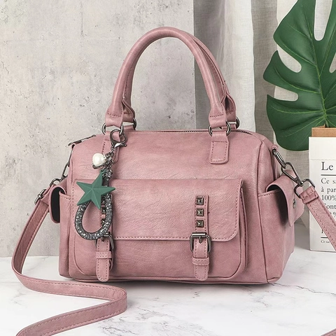 Boston Bag PU Leather Rivet Flap Pocket Star Charm Retro Handbag Shoulder Crossbody For Women