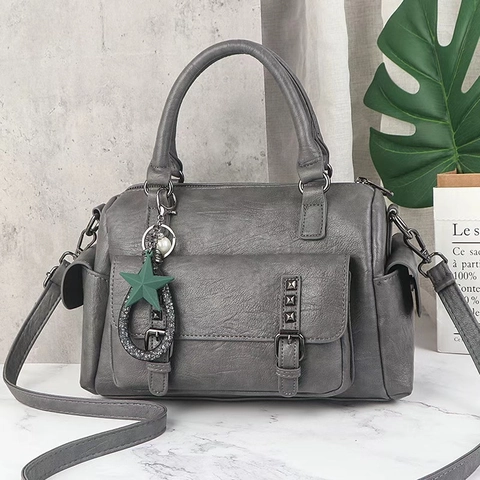 Boston Bag PU Leather Rivet Flap Pocket Star Charm Retro Handbag Shoulder Crossbody For Women