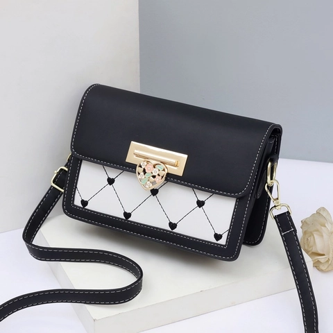 Women PU Leather Crossbody Bag Heart Embroidery Quilted Small Square Shoulder Purse Metal Heart Lock Flower Detail Sweet