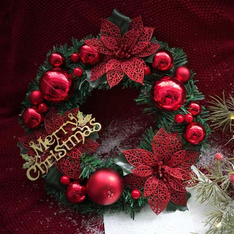 Künstlicher Weihnachtskranz Kiefernadeln Poinsettia Blumen Kugeln Und Merry Christmas Schild Für Haustür Hausdekoration