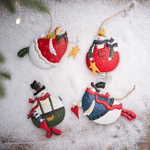 Natale Pupazzo di Neve Dipinto in Ferro Ornamenti Sospesi Pendente Rustico in Metallo Con Corda di Canapa per Albero di Natale Decorazione Casa Festiva