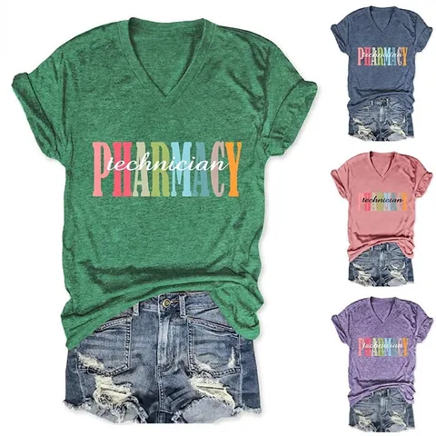 Maglietta Da Donna Con Scollo A V Maniche Corte Stampa Pharmacy Technician Misto Cotone Casual Estate